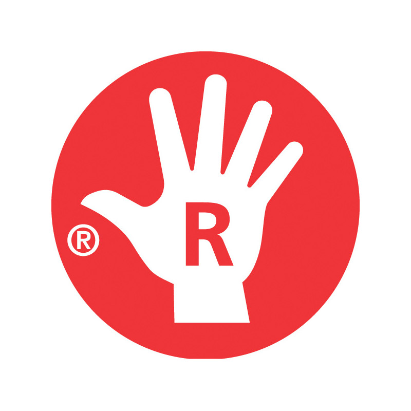 Weiße Handsilhouette mit R auf der Handfläche in rotem Kreis, links das Registrierungs-Symbol. Weiße Handsilhouette mit R auf der Handfläche in rotem Kreis, links das Registrierungs-Symbol.