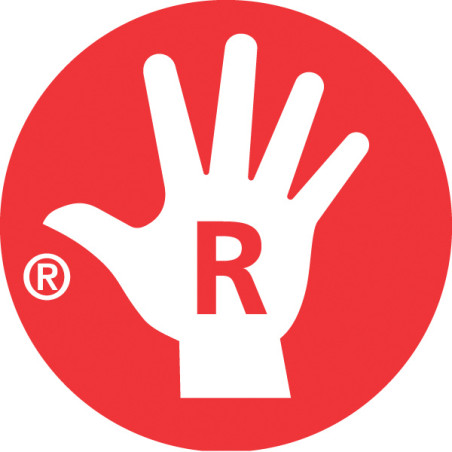 Weiße Handsilhouette mit R auf der Handfläche in rotem Kreis, links das Registrierungs-Symbol.