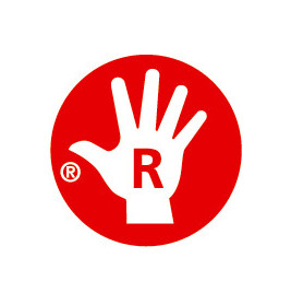 Roter Kreis mit weißer Hand und dem Buchstaben R in der Handfläche, Symbol für eingetragene Marke.