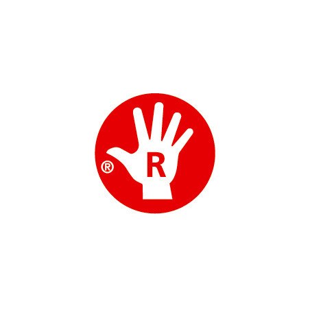 Roter Kreis mit weißer Hand und dem Buchstaben R in der Handfläche, Symbol für eingetragene Marke.