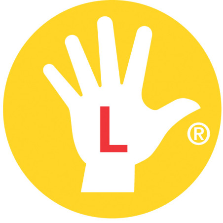 Weiße Hand mit rotem L auf der Handfläche, in einem gelben Kreis mit eingetragenem Markenzeichen.