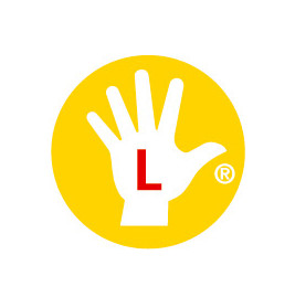 Gelber Kreis mit weißer Hand und rotem Buchstaben L in der Mitte.