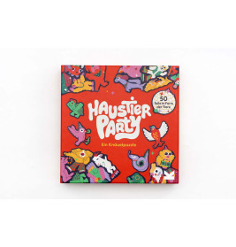 Rote Haustier-Party-Puzzlebox mit bunten Tiermotiven und Hinweis auf 50 tierförmige Teile.