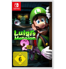 Nintendo Switch-Cover: Luigi hält ängstlich eine Taschenlampe, Luigis Mansion 2 HD-Titel und einen Geist im Hintergrund.