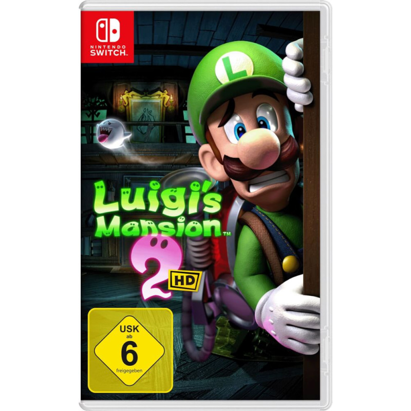Nintendo Switch-Cover: Luigi hält ängstlich eine Taschenlampe, Luigis Mansion 2 HD-Titel und einen Geist im Hintergrund.