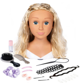 Blonder Stylingkopf mit Haaraccessoires: Kämme, Bürste, Clips, Haargummi und weitere Styling-Tools davor.