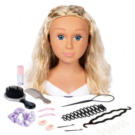 Blonder Stylingkopf mit Haaraccessoires: Kämme, Bürste, Clips, Haargummi und weitere Styling-Tools davor.
