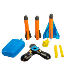 Spielzeug-Raketen-Set mit 3 Schaumstoffraketen, Startrampe, blauer Pumpe, 2 gelben Stangen und blauem Leitwerk.