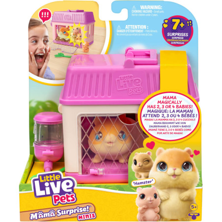 Little Live Pets Mama Surprise Minis Hamster-Set in rosa Verpackung mit Spielzeughamster und Babys.