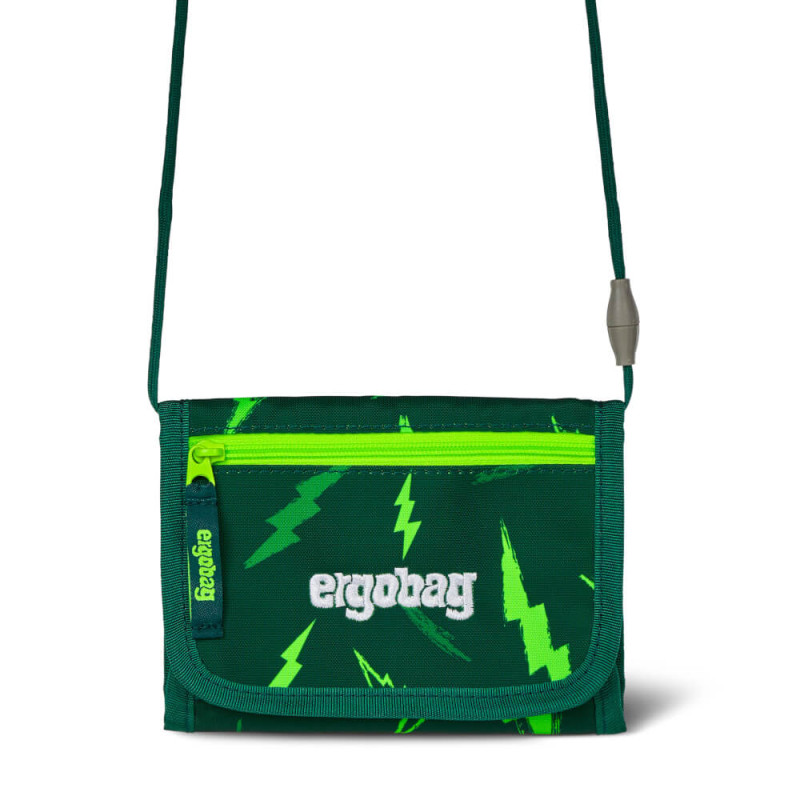 Grüne Ergobag-Umhängetasche mit neon-grünen Blitzmustern und Frontreißverschluss.