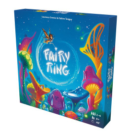 Bunte Fairy Ring-Spieleschachtel mit leuchtenden Pilzen und einer Fee in einer magischen Waldszene.