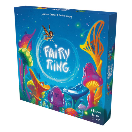 Bunte Fairy Ring-Spieleschachtel mit leuchtenden Pilzen und einer Fee in einer magischen Waldszene.