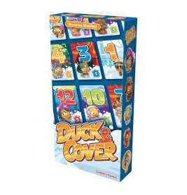 Bunte Duck & Cover Kartenspiel-Box mit gezeichneten Enten und nummerierten Karten auf dem Cover.