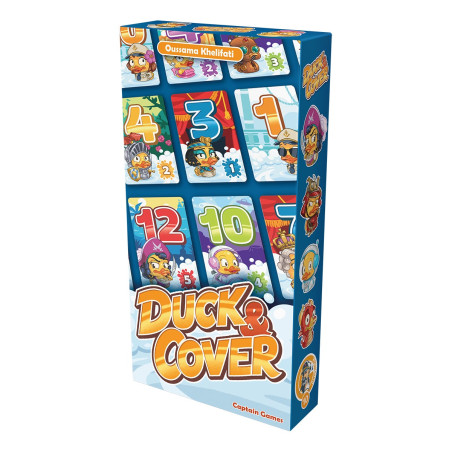 Bunte Duck & Cover Kartenspiel-Box mit gezeichneten Enten und nummerierten Karten auf dem Cover. Bunte Duck & Cover Kartenspiel-Box mit gezeichneten Enten und nummerierten Karten auf dem Cover.