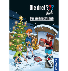 Drei Kinder entdecken nachts im Schnee neben einem geschmückten Weihnachtsbaum eine leere Geschenkschachtel.