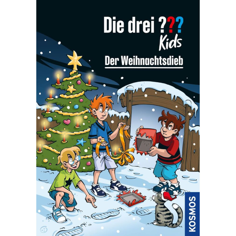 Drei Kinder entdecken nachts im Schnee neben einem geschmückten Weihnachtsbaum eine leere Geschenkschachtel.