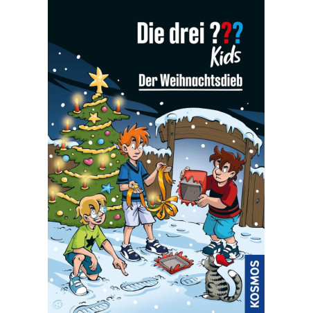 Drei Kinder entdecken nachts im Schnee neben einem geschmückten Weihnachtsbaum eine leere Geschenkschachtel.