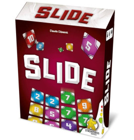 Schachtel des Brettspiels Slide mit bunten Zahlplättchen und weißen Buchstaben auf rotem Hintergrund.