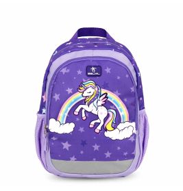 Lila Rucksack mit Einhorn-, Regenbogen- und Sternenmuster, Seitenfächern und Tragegriff.