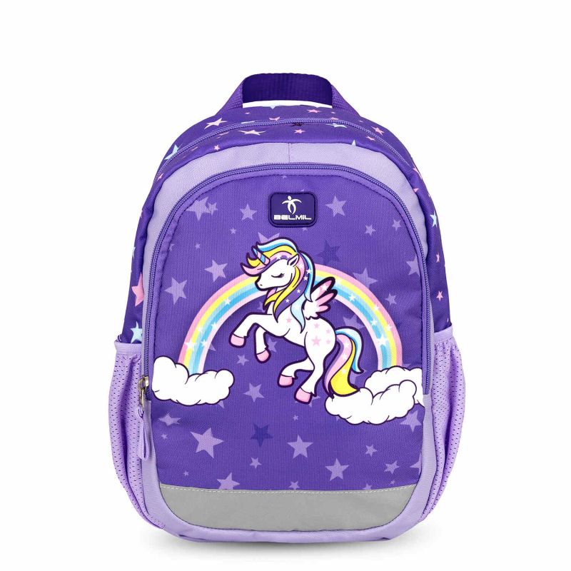 Lila Rucksack mit Einhorn-, Regenbogen- und Sternenmuster, Seitenfächern und Tragegriff. Lila Rucksack mit Einhorn-, Regenbogen- und Sternenmuster, Seitenfächern und Tragegriff.