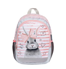 Kinder-Rucksack mit rosa-grauen Streifen, Hase mit rosa Schleife und Herzmotiven.