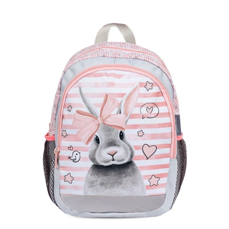 Kinder-Rucksack mit rosa-grauen Streifen, Hase mit rosa Schleife und Herzmotiven.