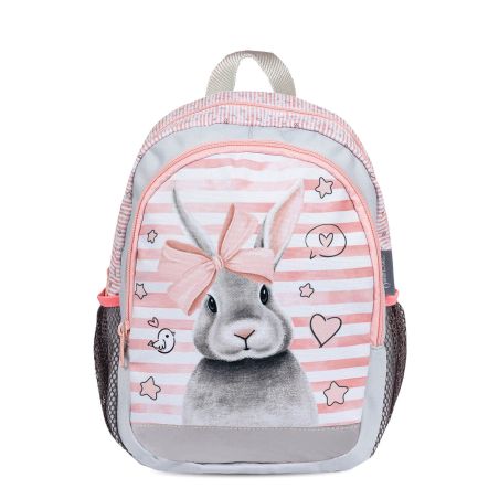 Kinder-Rucksack mit rosa-grauen Streifen, Hase mit rosa Schleife und Herzmotiven.