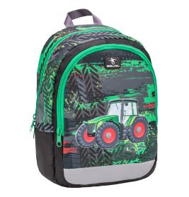Kinder-Rucksack mit grün-schwarzem Traktor-Motiv, grünen Reißverschlüssen sowie grauem Henkel und Seiten.