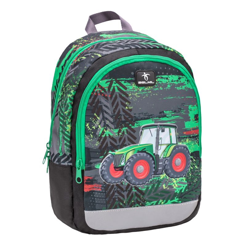 Kinder-Rucksack mit grün-schwarzem Traktor-Motiv, grünen Reißverschlüssen sowie grauem Henkel und Seiten. Kinder-Rucksack mit grün-schwarzem Traktor-Motiv, grünen Reißverschlüssen sowie grauem Henkel und Seiten.