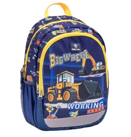 Blauer Kinder-Rucksack mit Baufahrzeugen und dem Schriftzug Big Wheel Working auf der Vorderseite.