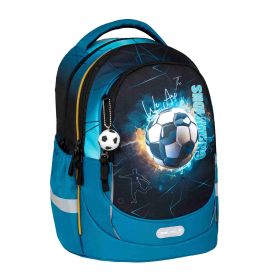 Blauer Rucksack mit Fußball-Design, Champions-Schriftzug und kleinem Fußball-Schlüsselanhänger.