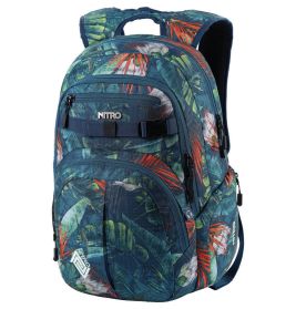 Rucksack mit tropischem Muster in Grün, Blau und Orange sowie mehreren Reißverschlussfächern.
