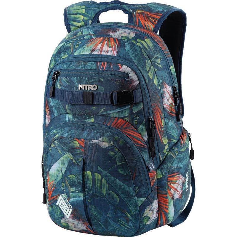 Rucksack mit tropischem Muster in Grün, Blau und Orange sowie mehreren Reißverschlussfächern.