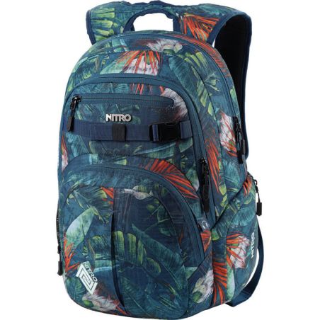 Rucksack mit tropischem Muster in Grün, Blau und Orange sowie mehreren Reißverschlussfächern.