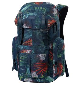 Rucksack mit tropischem Blattmuster in Grün, Rot und Orange, Fronttasche und schwarzen Trägern.