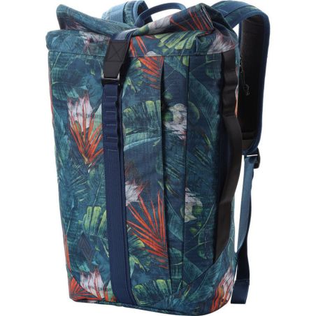 Blauer Rucksack mit tropischem Blatt- und Blumenmuster, gepolsterten Trägern und Frontschnalle.
