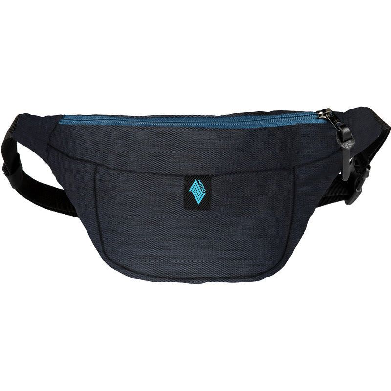 Schwarze Bauchtasche mit blauem Reißverschluss und kleinem blauen Logo auf der Vorderseite.