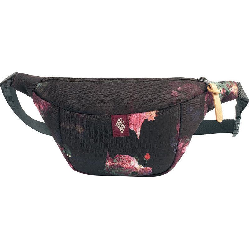 Schwarze Bauchtasche mit Reißverschluss, verstellbarem Gurt und rosa Blumenmuster auf der Vorderseite. Schwarze Bauchtasche mit Reißverschluss, verstellbarem Gurt und rosa Blumenmuster auf der Vorderseite.