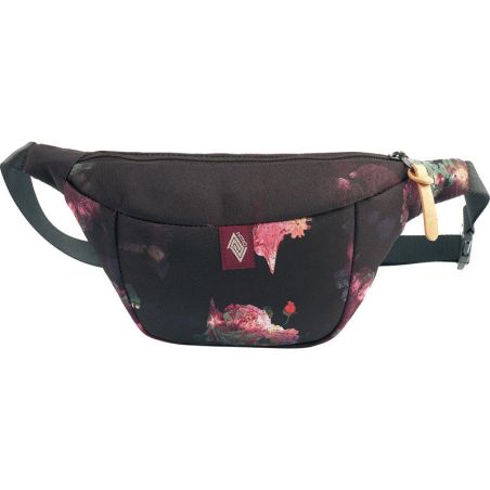 Schwarze Bauchtasche mit Reißverschluss, verstellbarem Gurt und rosa Blumenmuster auf der Vorderseite. Schwarze Bauchtasche mit Reißverschluss, verstellbarem Gurt und rosa Blumenmuster auf der Vorderseite.