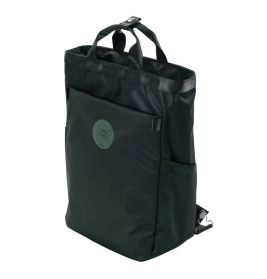 Schwarzer Rucksack mit Front- und Seitentasche, zwei Griffen und rundem Good Times-Logo.