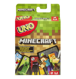 UNO Minecraft-Edition Kartenspielbox mit Minecraft-Figuren und grünem, pixeligem Design.