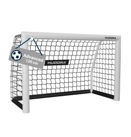 Weißes Hudora-Fußballtor mit schwarzem Netz, in der Ecke hängt ein Schild mit der Aufschrift Advanced 120 cm.