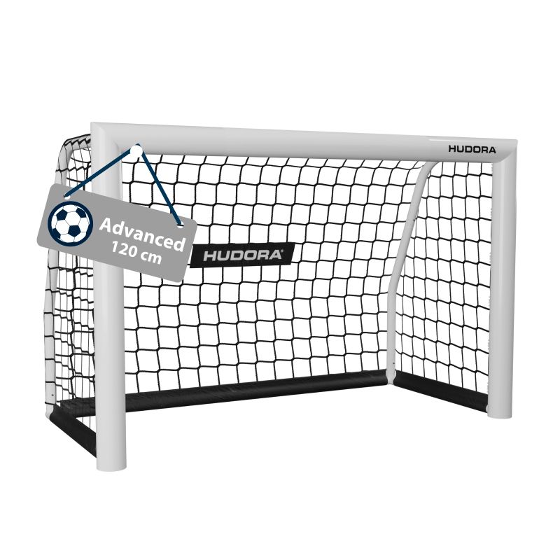 Weißes Hudora-Fußballtor mit schwarzem Netz, in der Ecke hängt ein Schild mit der Aufschrift Advanced 120 cm. Weißes Hudora-Fußballtor mit schwarzem Netz, in der Ecke hängt ein Schild mit der Aufschrift Advanced 120 cm.