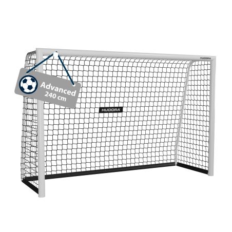 Weißes Fußballtor mit schwarzem Netz und einem Schild Advanced 240 cm oben links. Weißes Fußballtor mit schwarzem Netz und einem Schild Advanced 240 cm oben links.