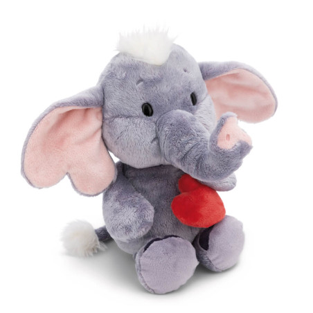 Lila Plüsch-Elefant mit rosa Ohren und weißer Haarsträhne hat ein rotes Herz.