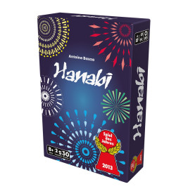 Box des Kartenspiels Hanabi mit bunten Feuerwerken und einer Auszeichnung Spiel des Jahres 2013.