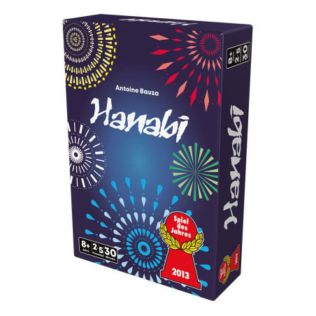 Box des Kartenspiels Hanabi mit bunten Feuerwerken und einer Auszeichnung Spiel des Jahres 2013.