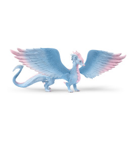 Blau-rosa Drachenfigur mit großen, ausgebreiteten Flügeln und langem Schweif.
