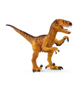 Orange-braune Dinosaurierfigur mit scharfen Zähnen und Krallen steht auf zwei Beinen vor weißem Hintergrund.