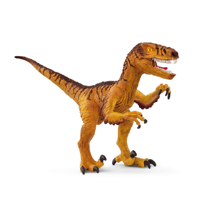 Orange-braune Dinosaurierfigur mit scharfen Zähnen und Krallen steht auf zwei Beinen vor weißem Hintergrund.